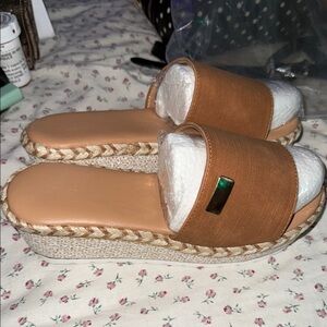 Brown Tan Espadrille Platform Shoes with Rope Trim